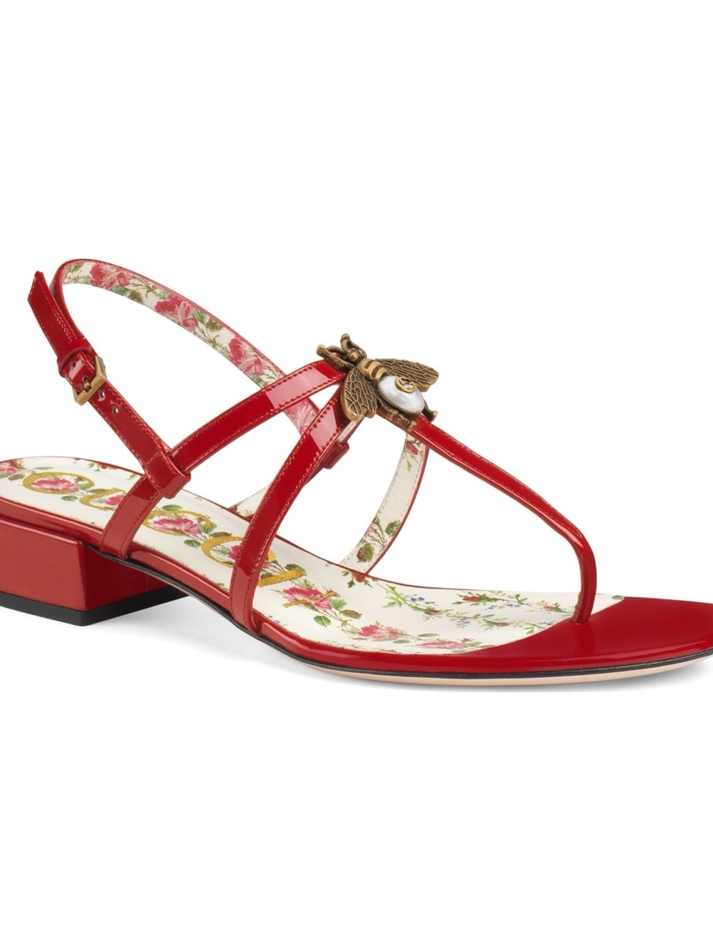 $750 Gucci Vernice Crystal Bee Hibiscus Red Patent Leather Slingback Sandals 6.5
